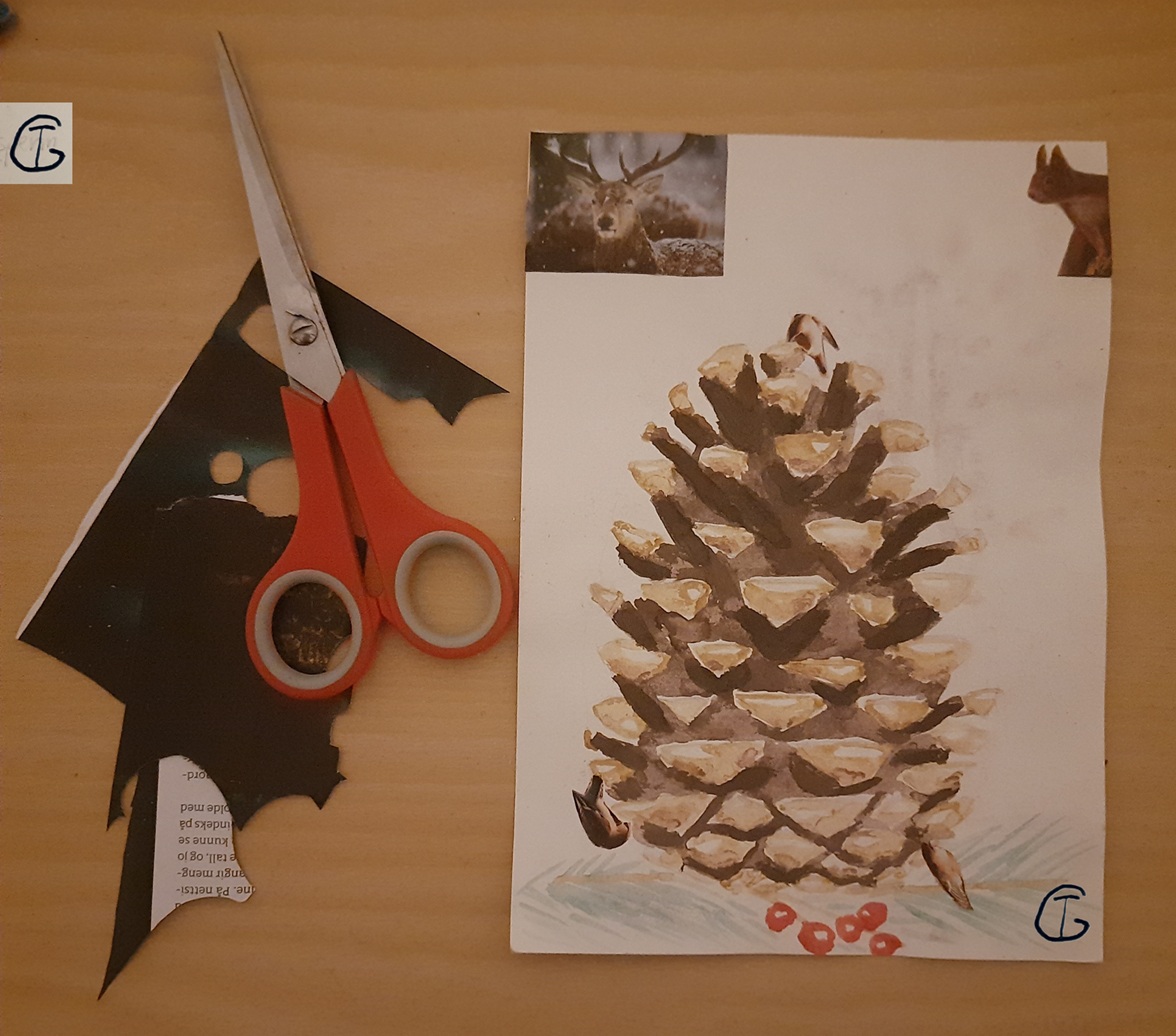 a painting of a pine cone with scissors and cut paper pieces