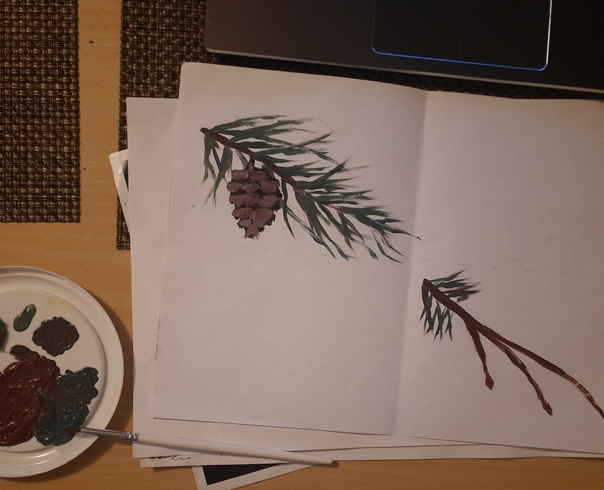 un unfinished pinting of a conifeer twig with a pine cone