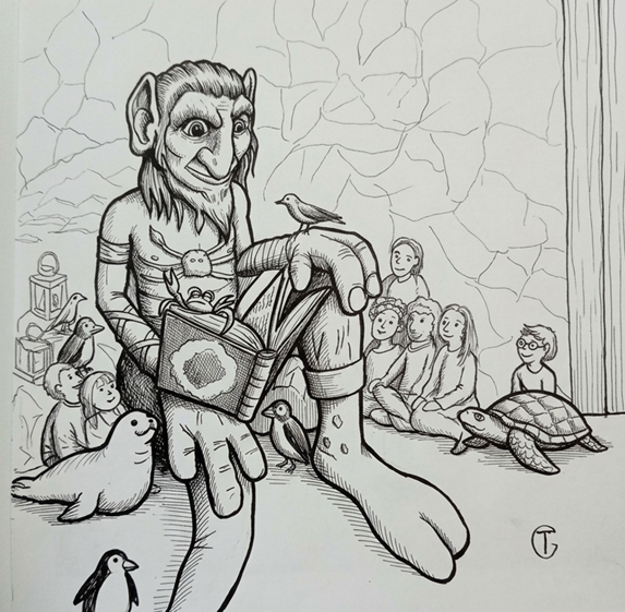 an illustration of a sea troll reading a book for children, birds, and animals